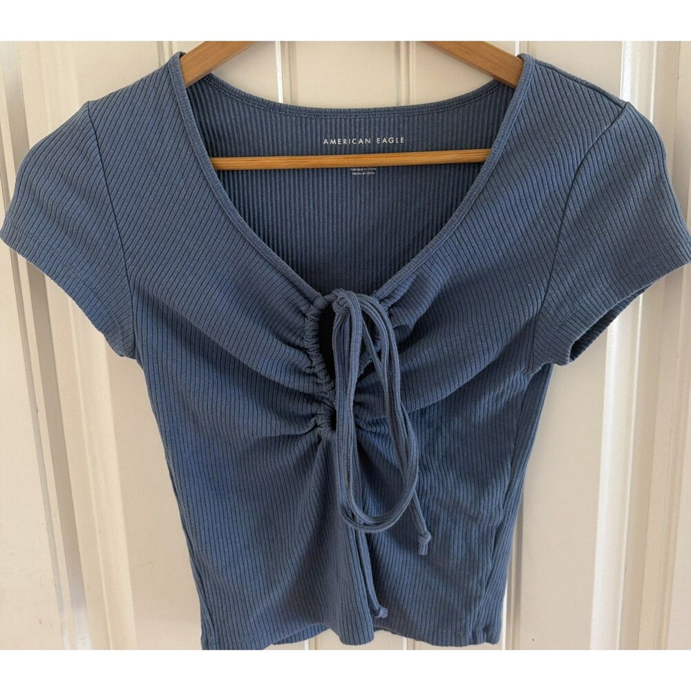 American Eagle Blue Ribbed Knit Tie Front V-Neck Short Sleeve T-Shirt S